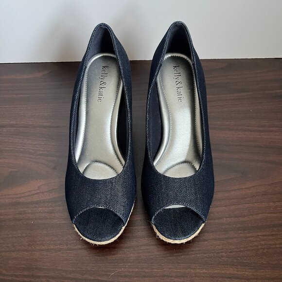Kelly & Katie Cork Wedge Peep-toe Pumps in Dk Blue Denim Size 8.5 - Picture 2 of 9
